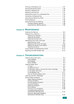 Page 7v
Printing a Phonebook List  .............................................  7.27
Sending Broadcast Faxes  .............................................  7.28
Sending a Delayed Fax  ................................................  7.29
Sending a Priority Fax  .................................................  7.31
Adding Documents To a Scheduled Fax  ..........................  7.33
Canceling a Scheduled Fax  ...........................................  7.34
Using Secure Receiving Mode...