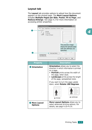 Page 83Printing Tasks4.5
4
Layout tab
The Layout tab provides options to adjust how the document 
appears on the printed page. The 
More Layout Options 
includes 
Multiple Pages per Side, Poster, Fit to Page, and 
Reduce/Enlarge. See page 4.2 for more information on 
accessing printer properties. 
PropertyDescription
OrientationOrientation
 allows you to select the 
direction in which information is printed 
on a page. 
•
Portrait prints across the width of 
the page, letter style. 
•
Landscape prints across...