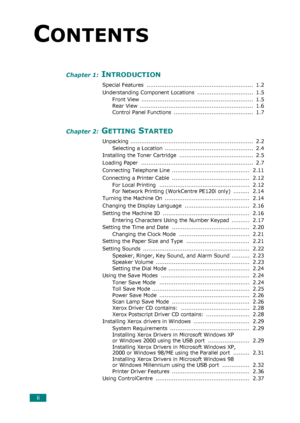 Page 4ii
CONTENTS
Chapter 1: INTRODUCTION
Special Features  ...........................................................  1.2
Understanding Component Locations  ...............................  1.5
Front View  ..............................................................  1.5
Rear View ...............................................................  1.6
Control Panel Functions  ............................................  1.7
Chapter 2: GETTING STARTED
Unpacking...