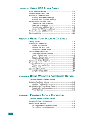 Page 8vi
Chapter 10: USING USB FLASH DRIVE
About USB Flash Drives  ...............................................  10.2
Installing a USB Flash Drive  .........................................  10.2
Scanning to USB Flash Drive  ........................................  10.3
Scanning With Default Settings  ...............................  10.3
Scanning With Your Own Settings  ............................  10.4
Managing the USB Flash Drive  ......................................  10.6
Changing the Default...