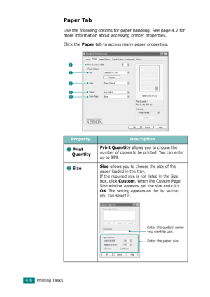 Page 84Printing Tasks4.6
Paper Tab
Use the following options for paper handling. See page 4.2 for 
more information about accessing printer properties. 
Click the 
Paper tab to access many paper properties. 
PropertyDescription
Print
 QuantityPrint Quantity
 allows you to choose the 
number of copies to be printed. You can enter 
up to 999. 
SizeSize allows you to choose the size of the 
paper loaded in the tray. 
If the required size is not listed in the Size 
box, click 
Custom. When the Custom Page 
Size...