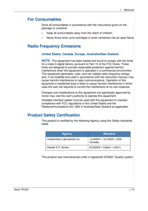 Page 191 Welcome 
Xerox PE2201-13
For Consumables
Store all consumables in accordance with the instructions given on the 
package or container. 
• Keep all consumables away from the reach of children.
• Never throw toner, print cartridges or toner containers into an open flame.
Radio Frequency Emissions
United States, Canada, Europe, Australia/New Zealand
NOTE: 
This equipment has been tested and found to comply with the limits 
for a class A digital device, pursuant to Part 15 of the FCC Rules. These 
limits...