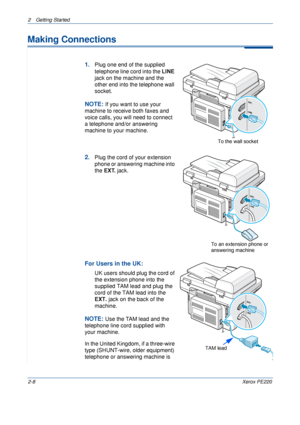 Page 362 Getting Started 
2-8Xerox PE220
Making Connections
1.Plug one end of the supplied 
telephone line cord into the LINE 
jack on the machine and the 
other end into the telephone wall 
socket.
NOTE: If you want to use your 
machine to receive both faxes and 
voice calls, you will need to connect 
a telephone and/or answering 
machine to your machine. 
2.Plug the cord of your extension 
phone or answering machine into 
the EXT. jack.
For Users in the UK:
UK users should plug the cord of 
the extension...