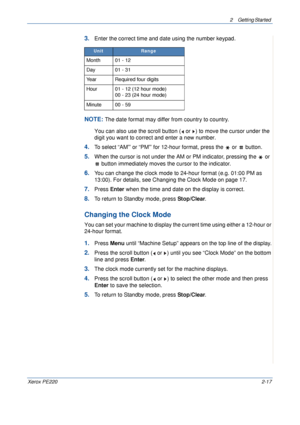 Page 452 Getting Started 
Xerox PE2202-17
3.Enter the correct time and date using the number keypad. 
NOTE: The date format may differ from country to country.
You can also use the scroll button (  or  ) to move the cursor under the 
digit you want to correct and enter a new number. 
4.To  s e l e c t  “ A M” or “PM” for 12-hour format, press the   or   button. 
5.When the cursor is not under the AM or PM indicator, pressing the   or 
 button immediately moves the cursor to the indicator. 
6.You can change the...