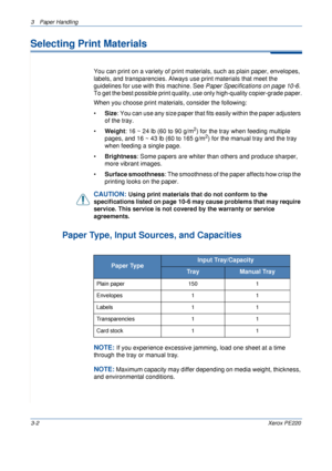 Page 503 Paper Handling 
3-2Xerox PE220
Selecting Print Materials
You can print on a variety of print materials, such as plain paper, envelopes, 
labels, and transparencies. Always use print materials that meet the 
guidelines for use with this machine. See Paper Specifications on page 10-6. 
To get the best possible print quality, use only high-quality copier-grade paper.
When you choose print materials, consider the following:
•Size: You can use any size paper that fits easily within the paper adjusters 
of...