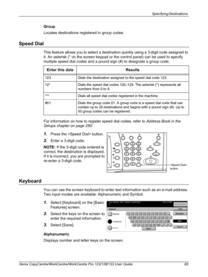 Page 83Specifying Destinations 
Xerox CopyCentre/WorkCentre/WorkCentre Pro 123/128/133 User Guide 83
Group
Locates destinations registered in group codes.
Speed Dial
This feature allows you to select a destination quickly using a 3-digit code assigned to 
it. An asterisk (* on the screen keypad or the control panel) can be used to specify 
multiple speed dial codes and a pound sign (#) to designate a group code.
For information on how to register speed dial codes, refer to Address Book in the 
Setups chapter on...