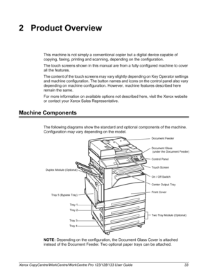 Page 33Xerox CopyCentre/WorkCentre/WorkCentre Pro 123/128/133 User Guide 33
2 Product Overview
This machine is not simply a conventional copier but a digital device capable of 
copying, faxing, printing and scanning, depending on the configuration.
The touch screens shown in this manual are from a fully configured machine to cover 
all the features.
The content of the touch screens may vary slightly depending on Key Operator settings 
and machine configuration. The button names and icons on the control panel...