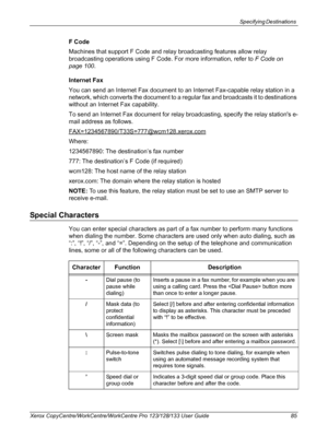 Page 85Specifying Destinations 
Xerox CopyCentre/WorkCentre/WorkCentre Pro 123/128/133 User Guide 85
F Code
Machines that support F Code and relay broadcasting features allow relay 
broadcasting operations using F Code. For more information, refer to F Code on 
page 100.
Internet Fax
You can send an Internet Fax document to an Internet Fax-capable relay station in a 
network, which converts the document to a regular fax and broadcasts it to destinations 
without an Internet Fax capability.
To send an Internet...