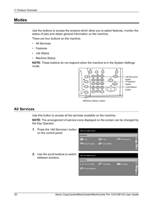 Page 422 Product Overview 
42 Xerox CopyCentre/WorkCentre/WorkCentre Pro 123/128/133 User Guide
Modes
Use the buttons to access the screens which allow you to select features, monitor the 
status of jobs and obtain general information on the machine.
There are four buttons on the machine.
•All Services
• Features
• Job Status
• Machine Status
NOTE: These buttons do not respond when the machine is in the System Settings 
mode.
All Services
Use this button to access all the services available on the machine....