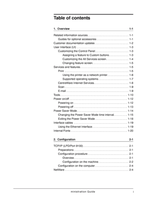 Page 3Xerox 4590/4110 Copier/Printer System Administration Guide
i
Table of contents
1.  Overview 1-1
Related information sources . . . . . . . . . . . . . . . . . . . . . . . . . . .  1-1
Guides for optional accessories  . . . . . . . . . . . . . . . . . . . . .  1-1
Customer documentation updates  . . . . . . . . . . . . . . . . . . . . . .  1-2
User Interface (UI)  . . . . . . . . . . . . . . . . . . . . . . . . . . . . . . . . . .  1-3
Customizing the Control Panel . . . . . . . . . . . . . . . . . . . . ....