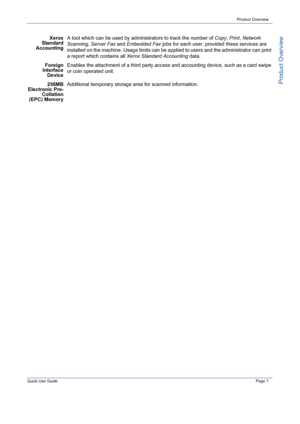 Page 11Quick Use GuidePage 7
Product Overview
Product Overview
Xerox
Standard
AccountingA tool which can be used by administrators to track the number of Copy, Print, Network 
Scanning, Server Fax and Embedded Fax jobs for each user, provided these services are 
installed on the machine. Usage limits can be applied to users and the administrator can print 
a report which contains all Xerox Standard Accounting data.
Foreign
Interface
DeviceEnables the attachment of a third party access and accounting device,...