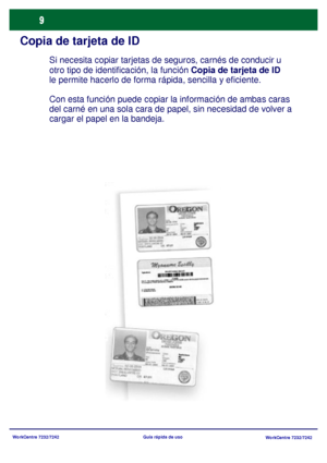 Page 74
WorkCentre 7232/7242WorkCentre 7232/7242
Guía rápida de uso
Copia de tarjeta de ID
Si necesita copiar tarjetas 
de seguros, carnés de conducir u 
otro tipo de identificación, la función  Copia
 de tarjeta de ID 

le permite hacerlo de forma rápida, sencilla y eficiente.
Con esta función puede copiar la  información de ambas caras 
del carné en una sola cara de papel, sin necesidad de volver a 
cargar el papel en la bandeja.
Downloaded From ManualsPrinter.com Manuals 