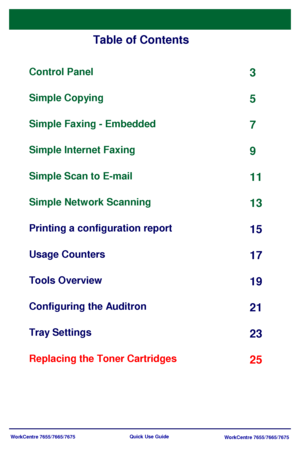 Page 3WorkCentre 7655/7665/7675
WorkCentre 7655/7665/7675 Quick Use Guide
Table of Contents
Control Panel
Usage Counters Printing a configuration report Simple Network Scanning Simple Scan to E-mail
Simple Internet Faxing Simple Faxing - Embedded Simple Copying3
5
7
9
11
13
15
17
Tools Overview19
Configuring the Auditron21
Tray Settings23
Replacing the Toner Cartridges25
Downloaded From ManualsPrinter.com Manuals 