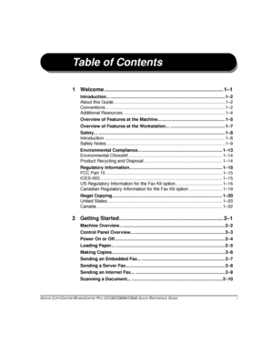 Page 3
XEROX COPYCENTRE/WORKCENTRE PRO C2128/C2636/C3545 QUICK REFERENCE GUIDE  i
Table of Contents
1 Welcome ................................................................................ 1–1
Introduction... ............................................................................................ 1–2
About this Guide.......................................................................................... 1–2
Conventions...