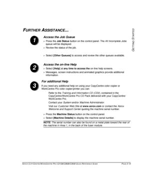 Page 45XEROX COPYCENTRE/WORKCENTRE PRO C2128/C2636/C3545 QUICK REFERENCE GUIDE PAGE 2-15
GETTING
 S
TARTED
FURTHER ASSISTANCE...
For additional Help
If you need any additional help on using your CopyCentre color copier or 
WorkCentre Pro color copier/printer you can:
Refer to the Training and Information CD (CD2), contained in the 
CopyCentre/WorkCentre Pro CD Pack delivered with your CopyCentre/
WorkCentre Pro.
Contact your System and/or Machine Administrator.
Visit our Customer Web Site at www.xerox.com or...