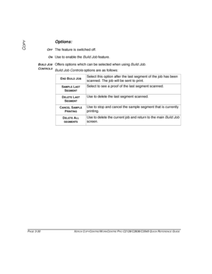 Page 76PAGE 3-30 XEROX COPYCENTRE/WORKCENTRE PRO C2128/C2636/C3545 QUICK REFERENCE GUIDE  
COPY
Options:
OFFThe feature is switched off.
ONUse to enable the Build Job feature.
BUILD JOB
CONTROLS
Offers options which can be selected when using Build Job. 
Build Job Controls options are as follows:
END BUILD JOBSelect this option after the last segment of the job has been 
scanned. The job will be sent to print.
SAMPLE LAST 
S
EGMENT
Select to see a proof of the last segment scanned.
DELETE LAST 
S
EGMENT
Use to...