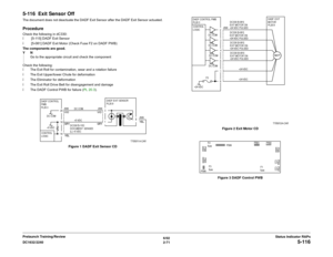 Page 1016/02
2-71 DC1632/2240
5-116
Status Indicator RAPs Prelaunch Training/Review
5-116  Exit Sensor OffThe document does not deactuate the DADF Exit Sensor after the DADF Exit Sensor actuated.ProcedureCheck the following in dC330:
ï  [5-115] DADF Exit Sensor 
ï  [5-081] DADF Exit Motor (Check Fuse F2 on DADF PWB)
The components are good.
YN
Go to the appropriate circuit and check the component
Check the following:
ï The Exit Roll for contamination, wear and a rotation failure
ï The Exit Upper/lower Chute for...