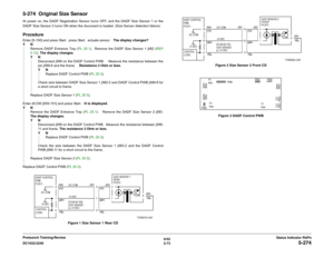 Page 1036/02
2-73 DC1632/2240
5-274
Status Indicator RAPs Prelaunch Training/Review
5-274  Original Size SensorAt power on, the DADF Registration Sensor turns OFF, and the DADF Size Sensor 1 or the
DADF Size Sensor 2 turns ON when the document is loaded. (Size Sensor detection failure)ProcedureEnter [5-150] and press Start.  press Start.  actuate sensor.   The display changes?
YN
Remove DADF Entrance Tray (PL 20.1).  Remove the DADF Size Sensor 1 j582 (REP
5.12). The display changes
YN
Disconnect j599 on the...