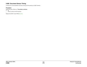 Page 1066/02
2-76DC1632/2240
5-900
Prelaunch Training/Review Status Indicator RAPs
5-900  Document Sensor TimingA timing error occurred between document sensing and the opening of a DADF Interlock.ProcedureSwitch the power off then on. The problem continues.
YN
Return to Service Call Procedures.
Replace the DADF Control PWB (PL 20.3).  