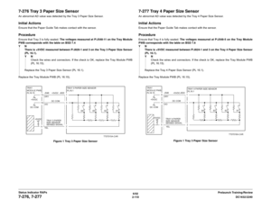 Page 1406/02
2-110DC1632/2240
7-276, 7-277
Prelaunch Training/Review Status Indicator RAPs
7-276 Tray 3 Paper Size SensorAn abnormal AD value was detected by the Tray 3 Paper Size Sensor.Initial ActionsEnsure that the Paper Guide Tab makes contact with the sensor.ProcedureEnsure that Tray 3 is fully seated. The voltages measured at P/J548-11 on the Tray Module
PWB corresponds with the table on BSD 7.4
YN
There is +5VDC measured between P/J820-1 and 3 on the Tray 3 Paper Size Sensor
(PL 16.1). 
YN
Check the wires...