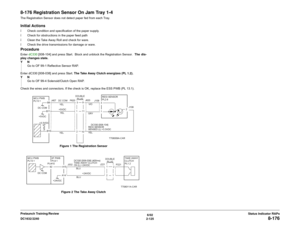 Page 1556/02
2-125 DC1632/2240
8-176
Status Indicator RAPs Prelaunch Training/Review
8-176 Registration Sensor On Jam Tray 1-4The Registration Sensor does not detect paper fed from each Tray. Initial Actionsï Check condition and specification of the paper supply.
ï Check for obstructions in the paper feed path
ï Clean the Take Away Roll and check for ware.
ï Check the drive transmissions for damage or ware.ProcedureEnter dC330 [008-104] and press Start.  Block and unblock the Registration Sensor.  The dis-
play...