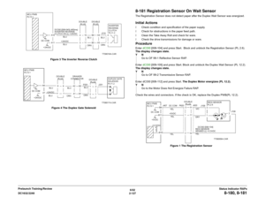 Page 1576/02
2-127 DC1632/2240
8-180, 8-181
Status Indicator RAPs Prelaunch Training/ReviewFigure 3 The Inverter Reverse Clutch
Figure 4 The Duplex Gate Solenoid
8-181 Registration Sensor On Wait SensorThe Registration Sensor does not detect paper after the Duplex Wait Sensor was energized. Initial Actionsï Check condition and specification of the paper supply.
ï Check for obstructions in the paper feed path.
ï Clean the Take Away Roll and check for ware.
ï Check the drive transmissions for damage or...