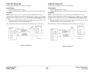 Page 1766/02
2-146DC1632/2240
9-381, 9-382
Prelaunch Training/Review Status Indicator RAPs
9-381 ATC Sensor (M)The ATC Sensor (M) detects a low TC (toner concentration)Initial Actionsï Check that Toner/Developer is present.
ï Check the ATC Sensor (M) for contamination. Ensure that the sensor is seated correctly.ProcedureNOTE: To clear this fault, enter dC131 and set the value of NVM location 752-110 to 0. 
Record the value in NVM location 752-324, then set the value to 1. Perform ADJ 9.3. After the
measurement...