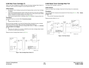 Page 1796/02
2-149 DC1632/2240
9-393, 9-408
Status Indicator RAPs Prelaunch Training/Review
9-393 New Toner Cartridge (Y)When a new Toner Cartridge was installed, the level of the New Cartridge Detect Switch (Y)
remained L when it should be changed to H by the Dispense Motor drive.Initial Actionsï Re-install the Toner Cartridge ensuring that the Dispense Motor and the Toner Cartridge
is engaged.
ï Check that the New/Old Detection Switch (metal part) at the rear of the Toner Cartridge is
raised. If the New/Old...