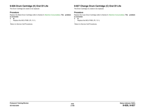 Page 1996/02
2-169 DC1632/2240
9-926, 9-927
Status Indicator RAPs Prelaunch Training/Review
9-926 Drum Cartridge (K) End Of LifeThe Drum Cartridge (K) needs to be replaced.ProcedureReplace the Black Drum Cartridge (refer to Section 6, Machine Consumables). The problem
is corrected. 
YN
Replace the MCU PWB. (PL 13.1).
 Return to Service Call Procedures.
9-927 Change Drum Cartridge (C) End Of LifeThe Drum Cartridge (C) needs to be replaced.ProcedureReplace the Cyan Drum Cartridge (refer to Section 6, Machine...