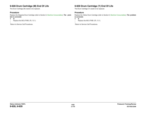 Page 2006/02
2-170DC1632/2240
9-928, 9-929
Prelaunch Training/Review Status Indicator RAPs
9-928 Drum Cartridge (M) End Of LifeThe Drum Cartridge (M) needs to be replaced.ProcedureReplace the Magenta Drum Cartridge (refer to Section 6, Machine Consumables). The prob-
lem is corrected. 
YN
Replace the MCU PWB. (PL 13.1).
 Return to Service Call Procedures.
9-929 Drum Cartridge (Y) End Of LifeThe Drum Cartridge (Y) needs to be replaced.ProcedureReplace the Yellow Drum Cartridge (refer to Section 6, Machine...
