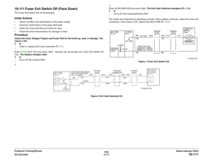 Page 2076/02
2-177 DC1632/2240
10-111
Status Indicator RAPs Prelaunch Training/Review
10-111 Fuser Exit Switch Off (Face Down)The Fuser Exit Switch did not de-energize.Initial Actionsï Check condition and specification of the paper supply.
ï Check for obstructions in the paper feed path.
ï Clean the Fuser Exit Roll and check for wear.
ï Check the drive transmissions for damage or wear.ProcedureCheck the Fuser Stripper Fingers and Fuser Roll for dirt build up, wear or damage. The
check is OK.
YN
Clean or replace...