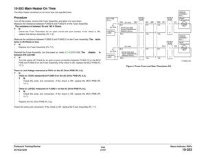 Page 2176/02
2-187 DC1632/2240
10-353
Status Indicator RAPs Prelaunch Training/Review
10-353 Main Heater On TimeThe Main Heater remained on for more than the specified time.ProcedureTurn off the power, remove the Fuser Assembly. and allow it to cool down.
Measure the resistance between P/J600-4 and P/J600-6 on the Fuser Assembly.
  The resistance is between 30 and 190 K Ohmís. 
YN
Check the Front Thermistor for an open circuit and poor contact. If the check is OK,
replace the Sensor Assembly (PL 7.2).
Measure...
