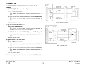 Page 2226/02
2-192DC1632/2240
10-398
Prelaunch Training/Review Status Indicator RAPs
10-398 Fan LockThe machine logic detected a failure of the Fuser Fan, LVPS Fan or the Rear Fan.ProcedureEnter dC330 [004-050].  The Fuser Fan revolves at high speed.
YN
There is +24VDC measured at J222-4. 
YN
Check the wires and connectors. If the check is OK, replace the MCU PWB (PL
13.1).
With dC330 [004-050] entered, stack dC330 [004-200] and press Start. The display is H. 
YN
Check the wires and connectors. If the check is...