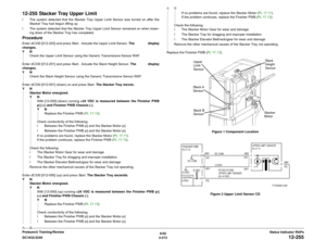 Page 2436/02
2-213 DC1632/2240
12-255
Status Indicator RAPs Prelaunch Training/Review
12-255 Stacker Tray Upper Limitï The system detected that the Stacker Tray Upper Limit Sensor was turned on after the
Stacker Tray had begun lifting up.
ï The system detected that the Stacker Tray Upper Limit Sensor remained on when lower-
ing down of the Stacker Tray has completed.ProcedureEnter dC330 [012-202] and press Start.  Actuate the Upper Limit Sensor. The display
changes.
YN
Check the Upper Limit Sensor using the...