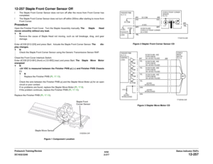 Page 2476/02
2-217 DC1632/2240
12-257
Status Indicator RAPs Prelaunch Training/Review
12-257 Staple Front Corner Sensor Offï The Staple Front Corner Sensor does not turn off after the move from Front Corner has
completed.
ï The Staple Front Corner Sensor does not turn off within 200ms after starting to move from
Front Corner.ProcedureOpen the Finisher Front Cover.  Turn the Stapler Assembly manually. The Staple Head
moves smoothly without any load.
YN
Remove the cause of Staple Head not moving, such as rail...