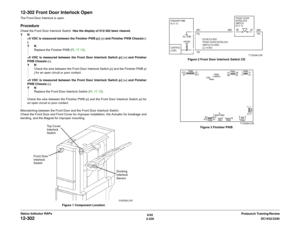 Page 2586/02
2-228DC1632/2240
12-302
Prelaunch Training/Review Status Indicator RAPs
12-302 Front Door Interlock OpenThe Front Door Interlock is open.ProcedureCheat the Front Door Interlock Switch. Has the display of 012-302 been cleared.
YN
+5 VDC is measured between the Finisher PWB p/j (+) and Finisher PWB Chassis (-
).
YN
Replace the Finisher PWB (PL 17.13).
+5 VDC is measured between the Front Door Interlock Switch p/j (+) and Finisher
PWB Chassis (-).
YN
Check the wire between the Front Door Interlock...