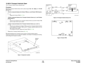 Page 2596/02
2-229 DC1632/2240
12-303
Status Indicator RAPs Prelaunch Training/Review
12-303 H Transport Interlock OpenThe H Transport Interlock Sensor detected open.ProcedureBlock the H Transport Interlock Sensor with a sheet of paper. Has the display of 012-303
been cleared.
YN
+5 VDC is measured between the Finisher PWB p/j (+) and Finisher PWB Chassis (-
).
YN
Replace the Finisher PWB (PL 17.13).
+5 VDC is measured between the H Transport Interlock Sensor p/j (+) and Finisher
PWB Chassis (-).
YN
Check the...