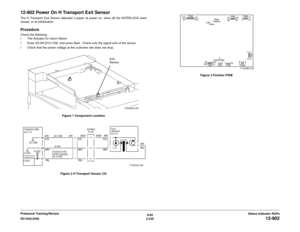 Page 2656/02
2-235 DC1632/2240
12-902
Status Indicator RAPs Prelaunch Training/Review
12-902 Power On H Transport Exit SensorThe H Transport Exit Sensor detected a paper at power on, when all the INTERLOCK were
closed, or at initialization.ProcedureCheck the following:
ï The Actuator for return failure
ï Enter dC330 [012-104]  and press Start.  Check only the signal wire of the sensor.
ï Check that the power voltage at the customer site does not drop.
Figure 1 Component Location
Figure 2 H Transport Sensor...