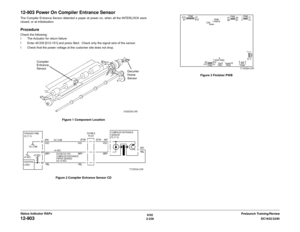 Page 2666/02
2-236DC1632/2240
12-903
Prelaunch Training/Review Status Indicator RAPs
12-903 Power On Compiler Entrance SensorThe Compiler Entrance Sensor detected a paper at power on, when all the INTERLOCK were
closed, or at initialization.ProcedureCheck the following:
ï The Actuator for return failure
ï Enter dC330 [012-101] and press Start.  Check only the signal wire of the sensor.
ï Check that the power voltage at the customer site does not drop.
Figure 1 Component Location
Figure 2 Compiler Entrance Sensor...