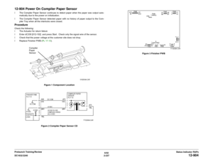 Page 2676/02
2-237 DC1632/2240
12-904
Status Indicator RAPs Prelaunch Training/Review
12-904 Power On Compiler Paper Sensorï The Compiler Paper Sensor continues to detect paper when the paper was output auto-
matically due to the power on initialization.
ï The Compiler Paper Sensor detected paper with no history of paper output to the Com-
piler Tray when all the interlocks were closed.ProcedureCheck the following:
ï The Actuator for return failure
ï Enter dC330 [012-102]  and press Start.  Check only the signal...