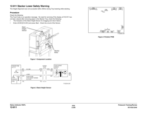 Page 2706/02
2-240DC1632/2240
12-911
Prelaunch Training/Review Status Indicator RAPs
12-911 Stacker Lower Safety WarningThe Height Alignment was not successful within 250ms during Tray lowering while stacking.ProcedureCheck the following:
This Fault Code is an operation message.  No need for servicing If the display of 012-911 has
not been cleared after removing paper in the Stacker Tray, check the following: 
ï The Actuators of the Stack Height Sensor for dragging and return failure.
ï Enter dC330 [012-201] and...