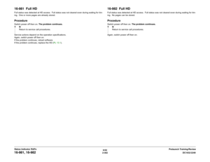 Page 3326/02
2-302DC1632/2240
16-981, 16-982
Prelaunch Training/Review Status Indicator RAPs
16-981  Full HDFull status was detected at HD access.  Full status was not cleared even during waiting for tim-
ing.  One or more pages are already stored.ProcedureSwitch power off then on. The problem continues.
YN
Return to service call procedures.
Service actions depend on the operation specifications.
Again, switch power off then on.
If the problem continues, reload software.
If the problem continues, replace the HD...