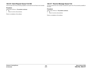 Page 3416/02
2-311 DC1632/2240
102-316, 102-317
Status Indicator RAPs Prelaunch Training/Review
102-316  Send Request Queue Full SIOOver the upper limit of the processing capability to send data from the Panel to the Controller. ProcedureSwitch power off then on. The problem continues.
YN
Return to service call procedures.
Perform re-installation of the software.
102-317  Receive Message Queue FullThe data received from the Controller exceeded the upper limit of the processing capability in
the...