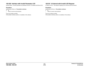 Page 3486/02
2-318DC1632/2240
102-330, 102-331
Prelaunch Training/Review Status Indicator RAPs
102-330  Interface with Invalid Parameter LCDInterface failure.  Incorrect parameter was detected at the Drv. I/F between the DM and LCD.ProcedureSwitch power off then on. The problem continues.
YN
Return to service call procedures.
Check the D-RAM and ROM.
If the problem continues, perform re-installation of the software.
102-331  UI Internal with Invalid LED RequestI/F failure in the UI.  The request for lighting up...