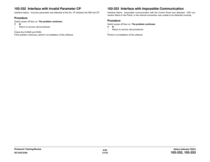 Page 3496/02
2-319 DC1632/2240
102-332, 102-333
Status Indicator RAPs Prelaunch Training/Review
102-332  Interface with Invalid Parameter CPInterface failure.  Incorrect parameter was detected at the Drv. I/F between the DM and CP.ProcedureSwitch power off then on. The problem continues.
YN
Return to service call procedures.
Check the D-RAM and ROM.
If the problem continues, perform re-installation of the software.
102-333  Interface with Impossible CommunicationInterface failure.  Impossible communication with...