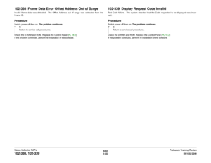 Page 3526/02
2-322DC1632/2240
102-338, 102-339
Prelaunch Training/Review Status Indicator RAPs
102-338  Frame Data Error Offset Address Out of ScopeInvalid frame data was detected.  The Offset Address out of range was extracted from the
Frame ID.ProcedureSwitch power off then on. The problem continues.
YN
Return to service call procedures.
Check the D-RAM and ROM. Replace the Control Panel (PL 18.2)
If the problem continues, perform re-installation of the software.
102-339  Display Request Code InvalidText Code...