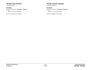 Page 3736/02
2-343 DC1632/2240
102-380, 102-382
Status Indicator RAPs Prelaunch Training/Review
102-380  Copy InterfaceCopy interface failureProcedureSwitch power off then on. The problem continues.
YN
Return to service call procedures.
Perform re-installation of the software.
102-382  Scanner InterfaceScanner interface failureProcedureSwitch power off then on. The problem continues.
YN
Return to service call procedures.
Perform re-installation of the software. 