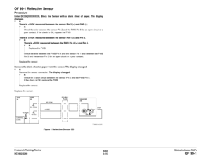 Page 4436/02
2-413 DC1632/2240
OF 99-1
Status Indicator RAPs Prelaunch Training/Review
OF 99-1 Reflective SensorProcedureEnter DC330[XXXX-XXX]. Block the Sensor with a blank sheet of paper. The display
changed.
YN
There is +5VDC measured between the sensor Pin 2 (+) and GND (-).
YN
Check the wire between the sensor Pin 2 and the PWB Pin 8 for an open circuit or a
poor contact. If the check is OK, replace the PWB
There is +5VDC measured between the sensor Pin 1 (+) and Pin 3.
YN
There is +5VDC measured between...