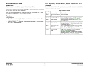 Page 4626/02
3-12DC1632/2240
IQ13, IQ14
Prelaunch Training/Review Image Quality
IQ13 Unfused Copy RAPInitial ActionsReplace the paper in use with fresh, dry paper of the correct specification.
Ensure that the media being used matches the settings on the UI screen or print driver. Using
the next heavier setting may resolve the problem.
If the Key Operator/Administrator has configured certain trays for a specific type of media,
ensure that the specified media is actually loaded in those trays.ProcedureCheck the...