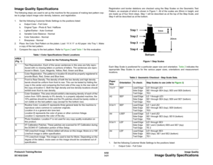 Page 4716/02
3-21 DC1632/2240
Image Quality Specifications
Image Quality Prelaunch Training/Review
Image Quality SpecificationsThe following steps are used to set up the machine for the purpose of making test pattern cop-
ies to judge output image color density, balance, and registration. 
1. Set the following Customer Mode Settings to the positions listed: 
a. Output Color - Full Color 
b. Original Type - Photo & Text / Halftone 
c. Lighter/Darker - Auto Contrast
d. Variable Color Balance - Normal 
e. Color...